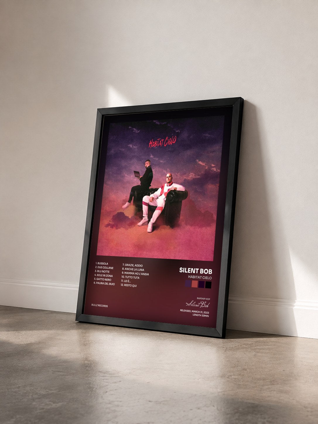 #noir Tableau de l'album Habitat Cielo de Silent Bob vu de trois quarts, cadre noir