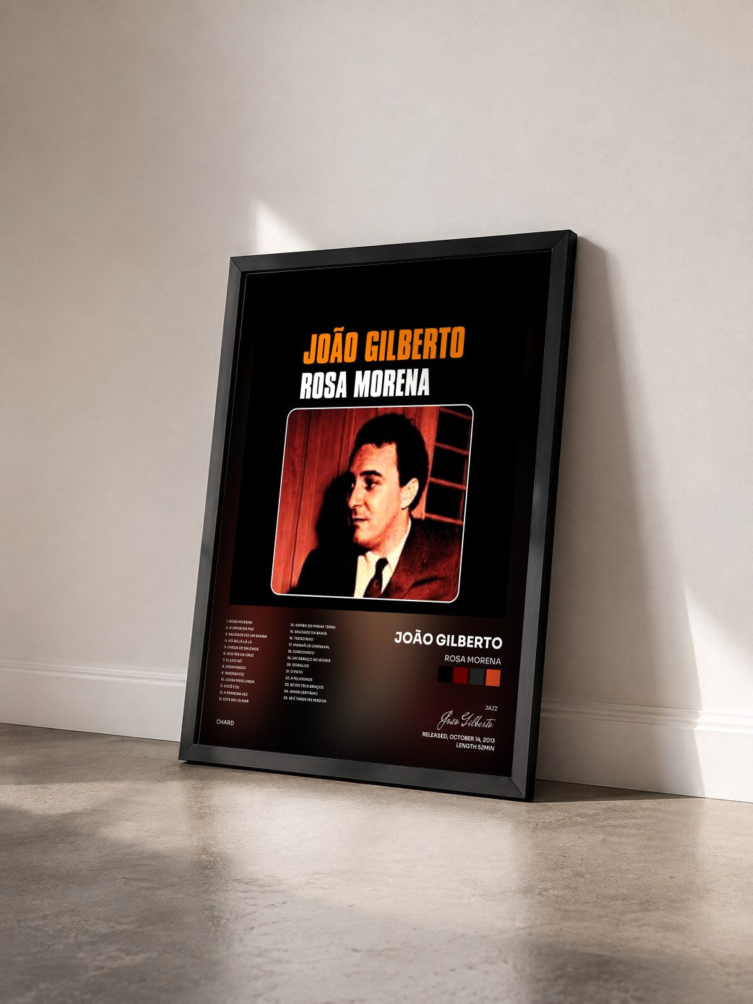 #noir Tableau de l'album Rosa Morena de João Gilberto vu de trois quarts, cadre noir