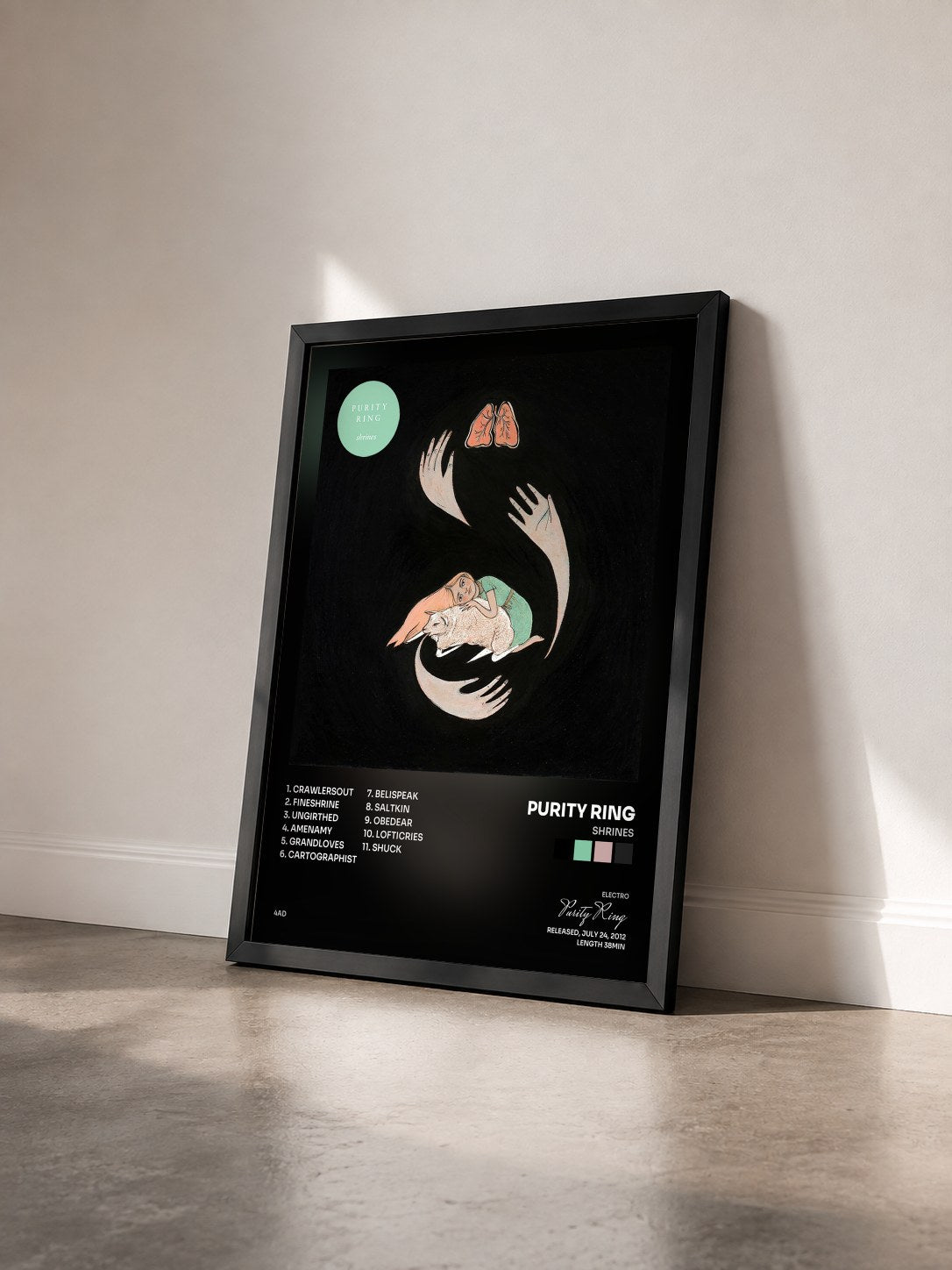 #noir Tableau de l'album shrines de Purity Ring vu de trois quarts, cadre noir