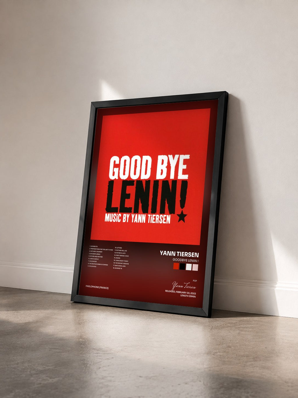 #noir Tableau de l'album Goodbye Lenin ! de Yann Tiersen vu de trois quarts, cadre noir