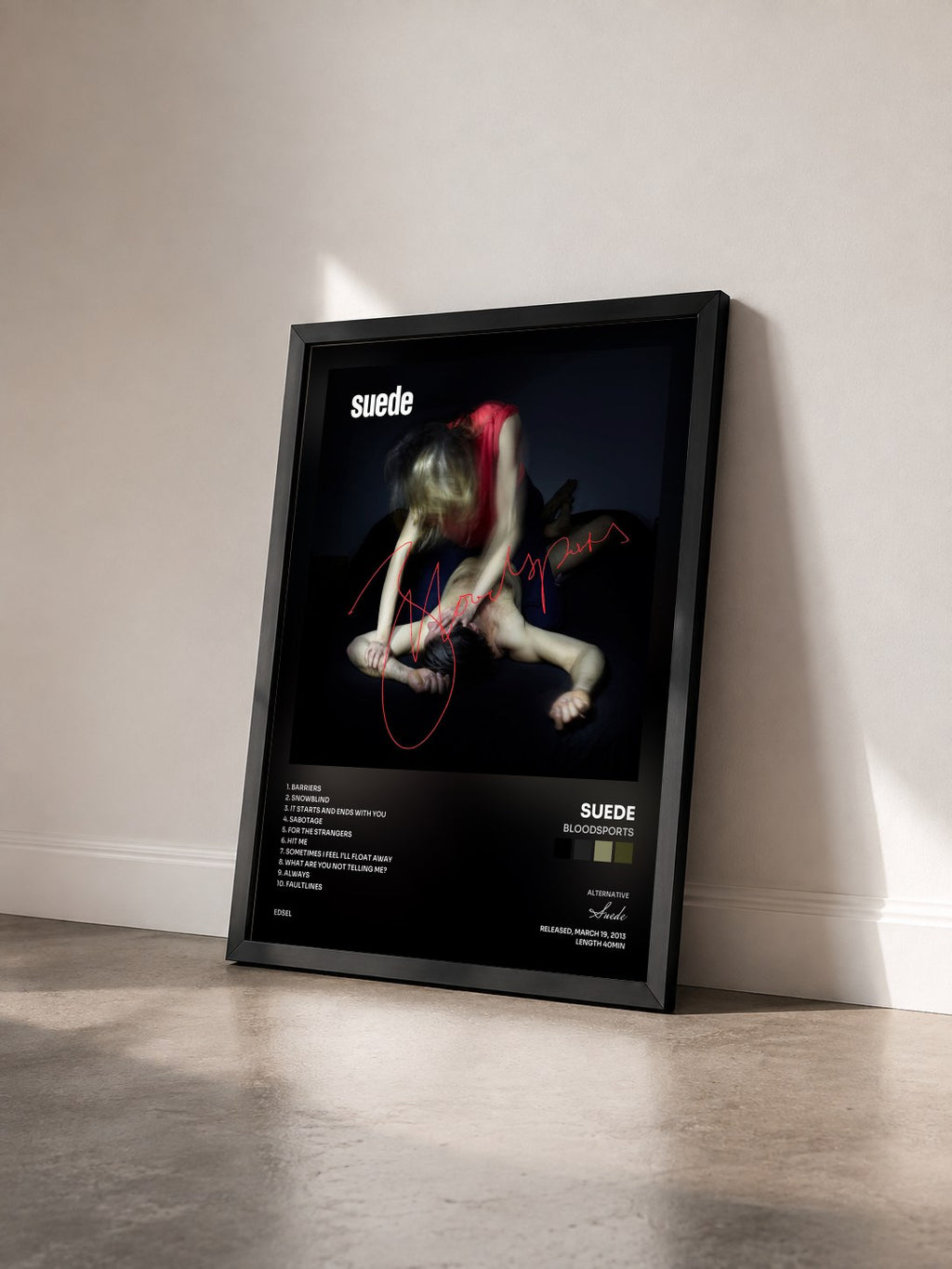 #noir Tableau de l'album Bloodsports de Suede vu de trois quarts, cadre noir