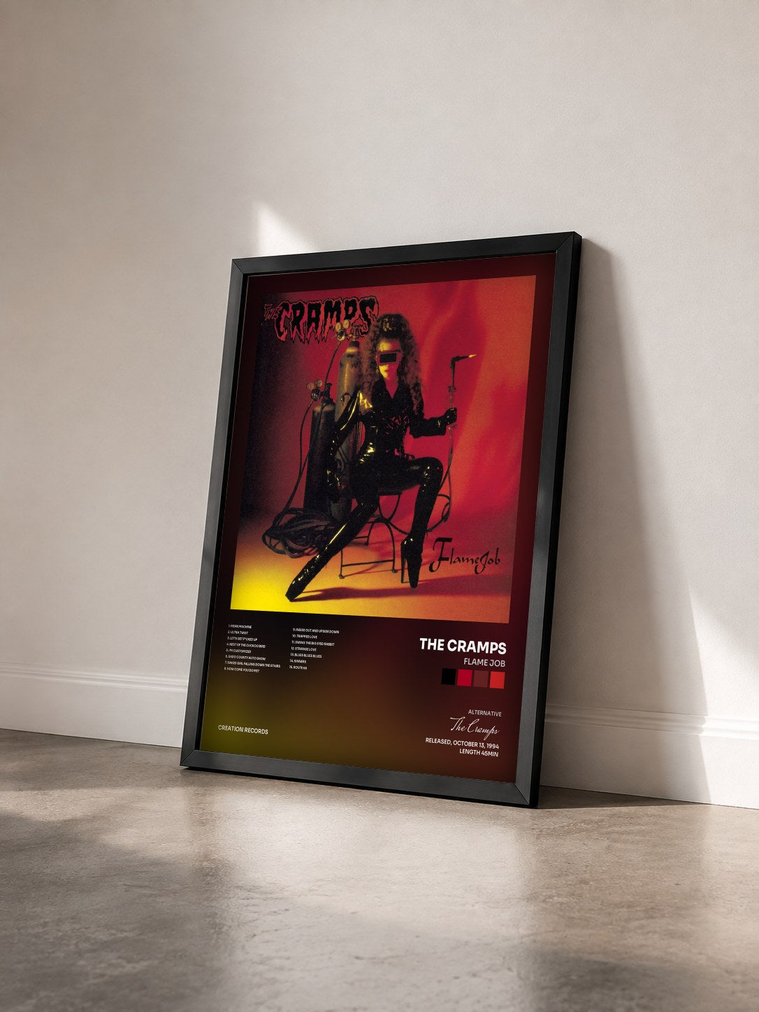#noir Tableau de l'album Flame Job de The Cramps vu de trois quarts, cadre noir