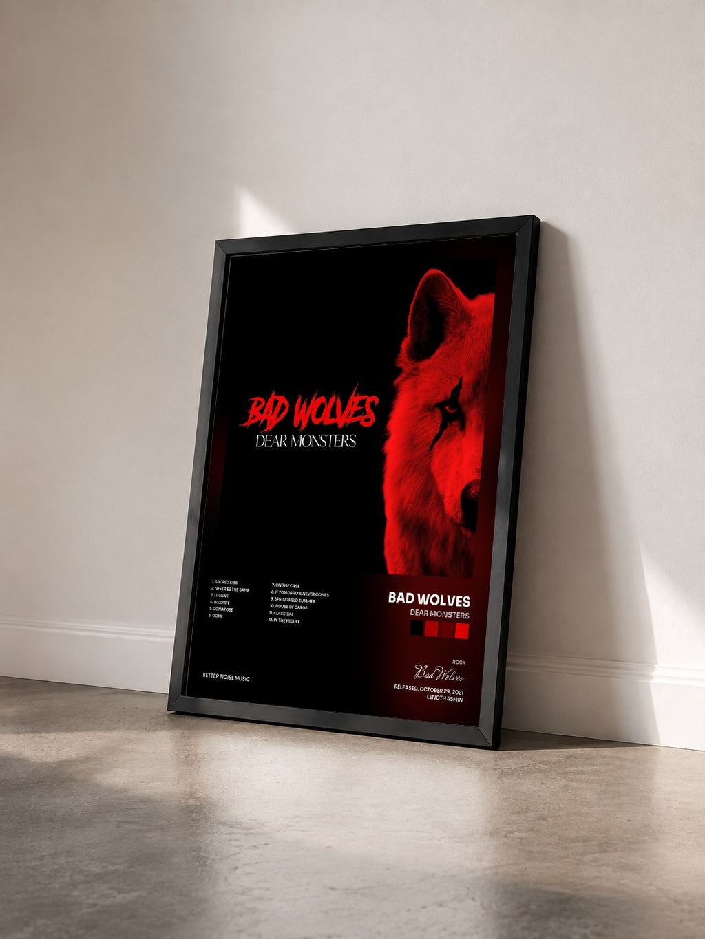 #noir Tableau de l'album Dear Monsters de Bad Wolves vu de trois quarts, cadre noir