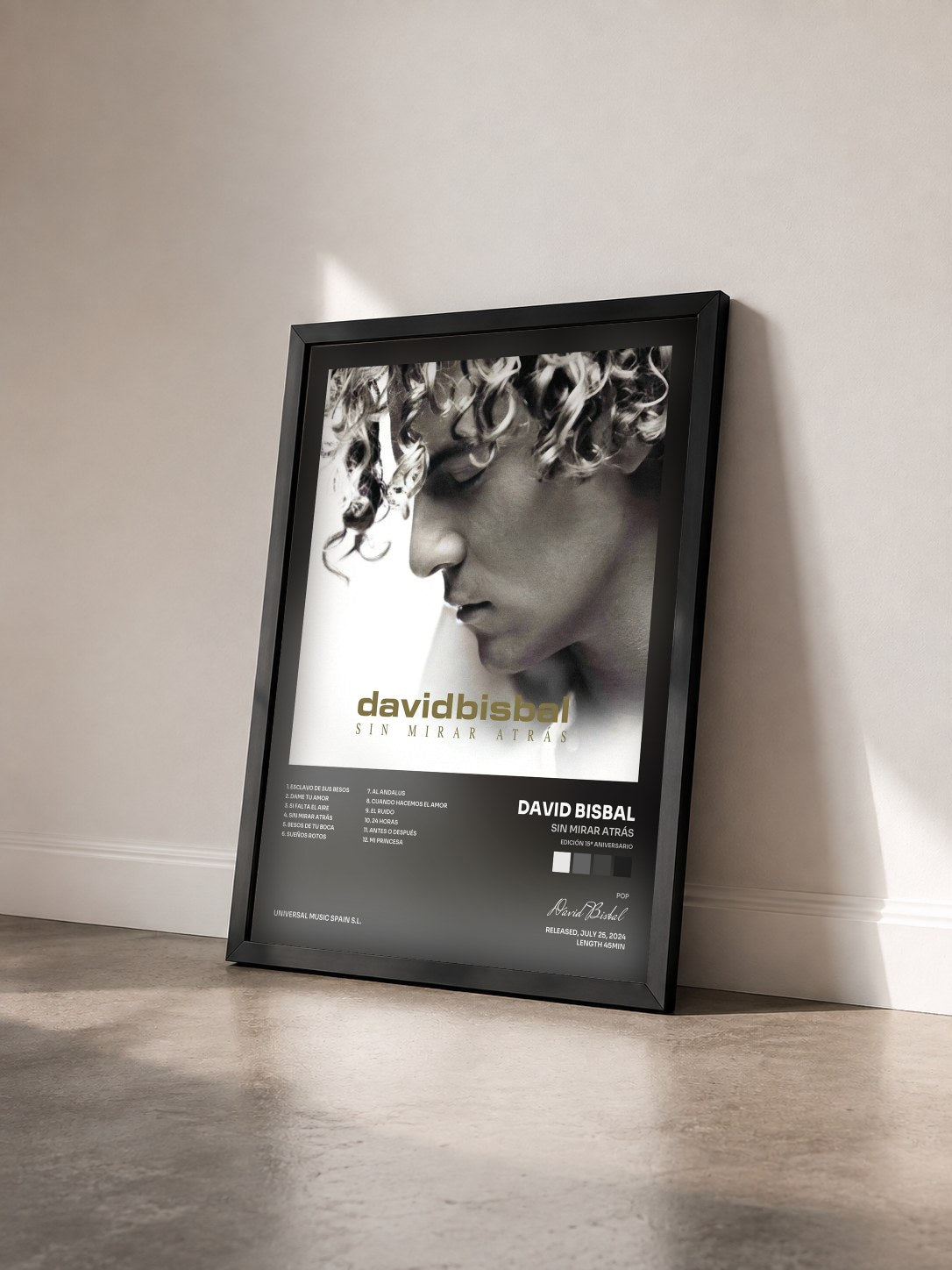 #noir Tableau de l'album Sin Mirar Atrás (Edición 15º Aniversario) de David Bisbal vu de trois quarts, cadre noir