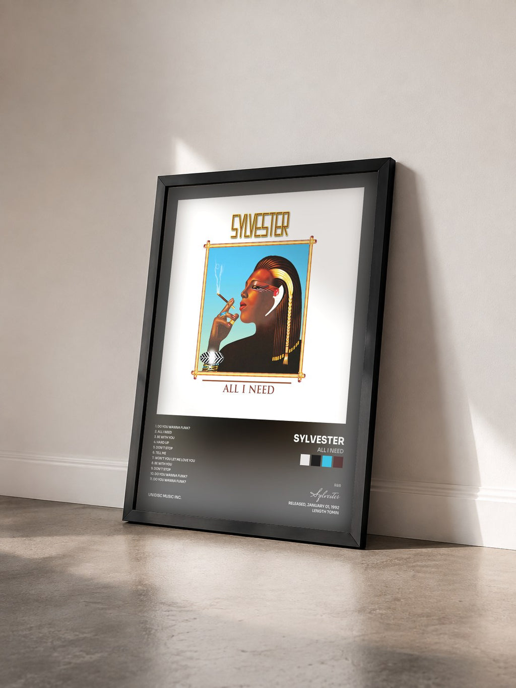 #noir Tableau de l'album All I Need de Sylvester vu de trois quarts, cadre noir