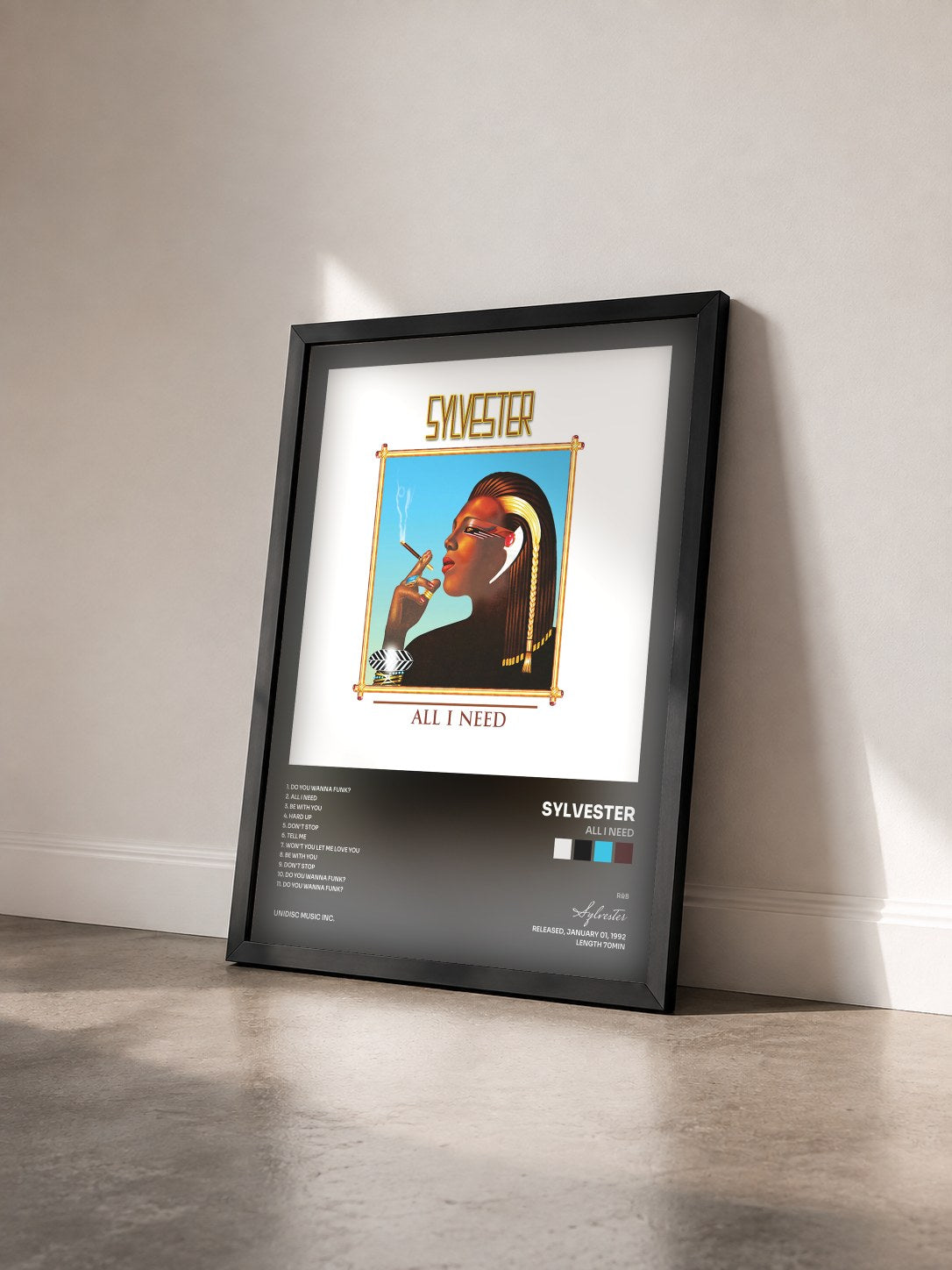 #noir Tableau de l'album All I Need de Sylvester vu de trois quarts, cadre noir