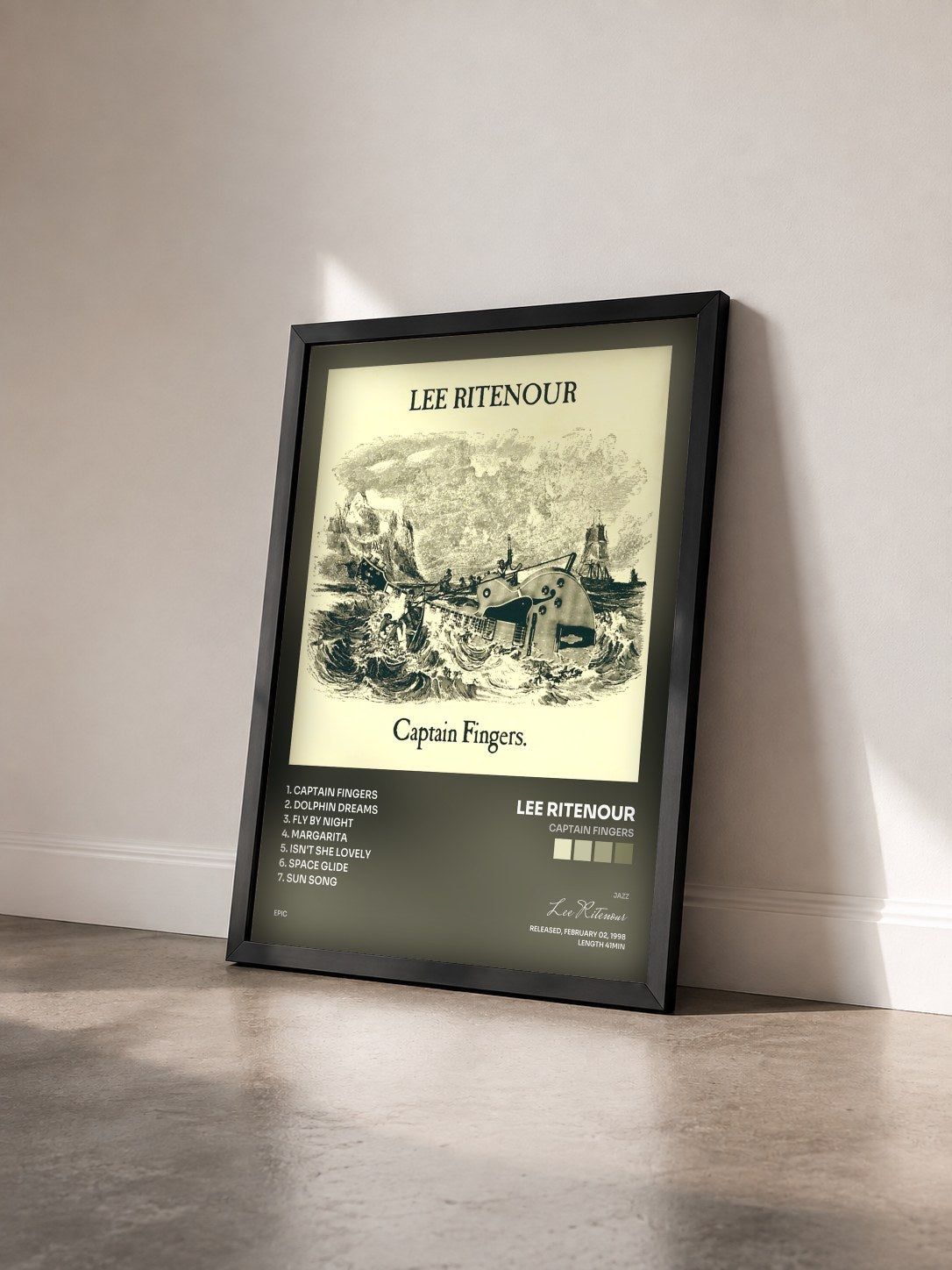#noir Tableau de l'album CAPTAIN FINGERS de Lee Ritenour vu de trois quarts, cadre noir