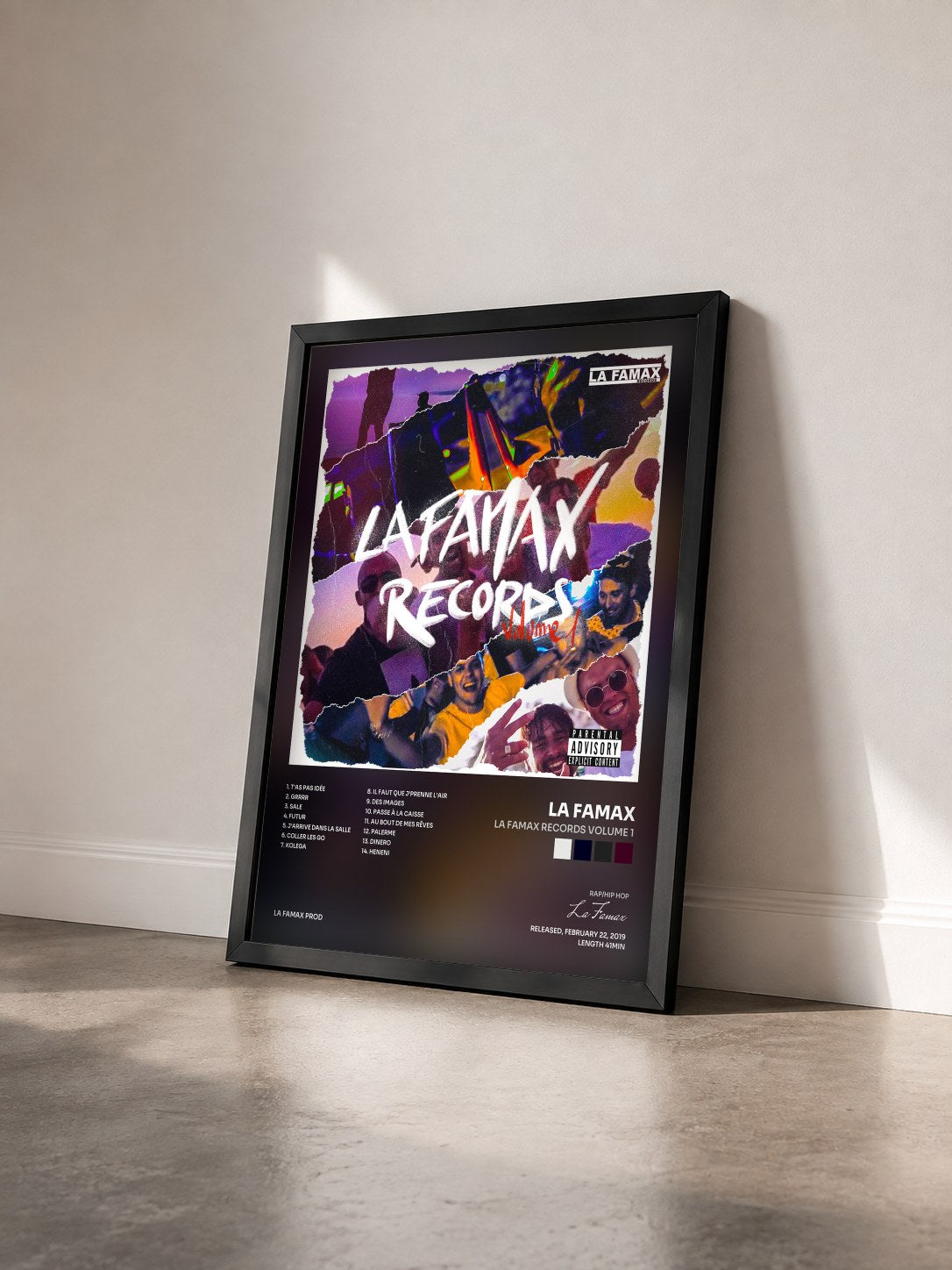#noir Tableau de l'album La Famax Records Volume 1 de La Famax vu de trois quarts, cadre noir