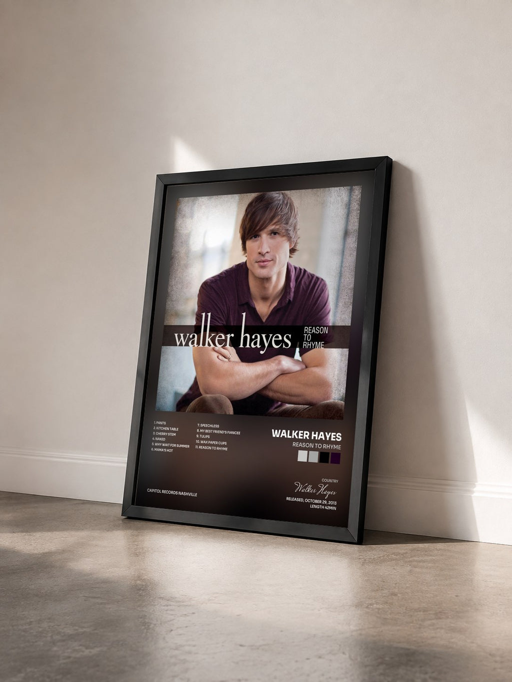 #noir Tableau de l'album Reason To Rhyme de Walker Hayes vu de trois quarts, cadre noir