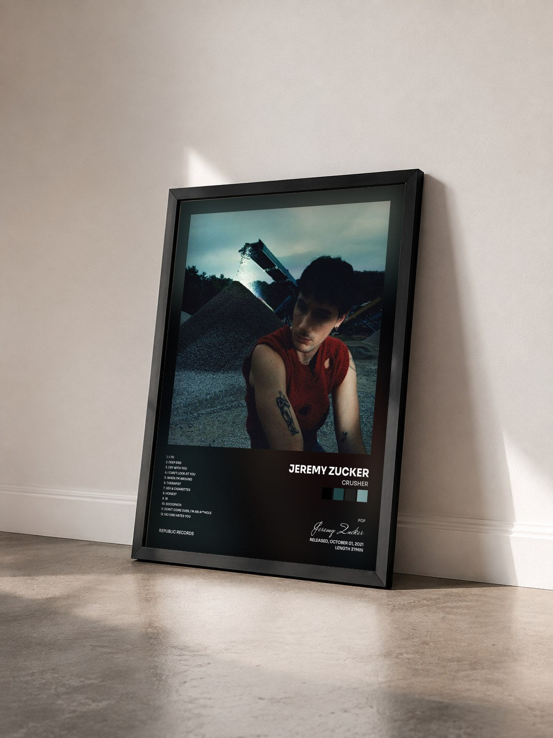 #noir Tableau de l'album CRUSHER de Jeremy Zucker vu de trois quarts, cadre noir