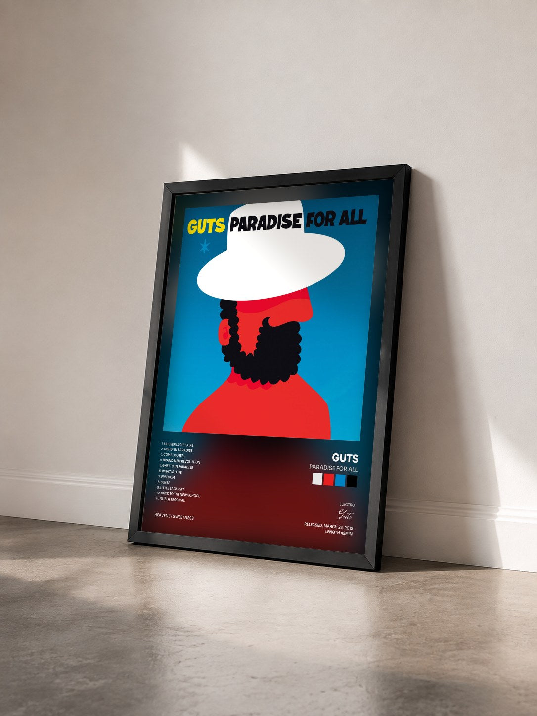 #noir Tableau de l'album Paradise for All de Guts vu de trois quarts, cadre noir