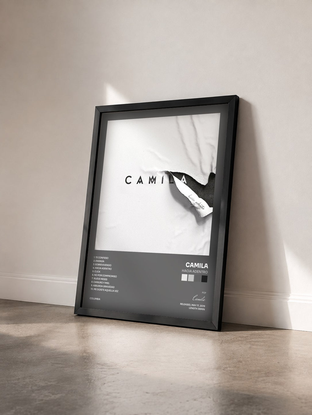 #noir Tableau de l'album Hacia Adentro de Camila vu de trois quarts, cadre noir