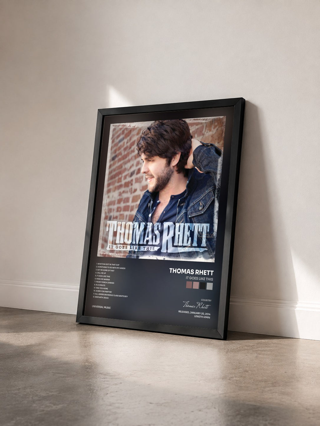 #noir Tableau de l'album It Goes Like This de Thomas Rhett vu de trois quarts, cadre noir