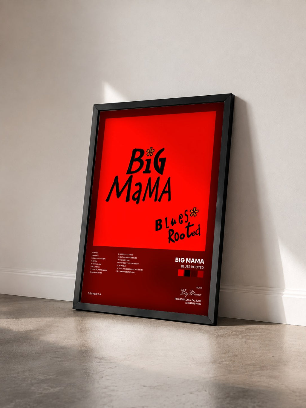 #noir Tableau de l'album Blues Rooted de Big Mama vu de trois quarts, cadre noir