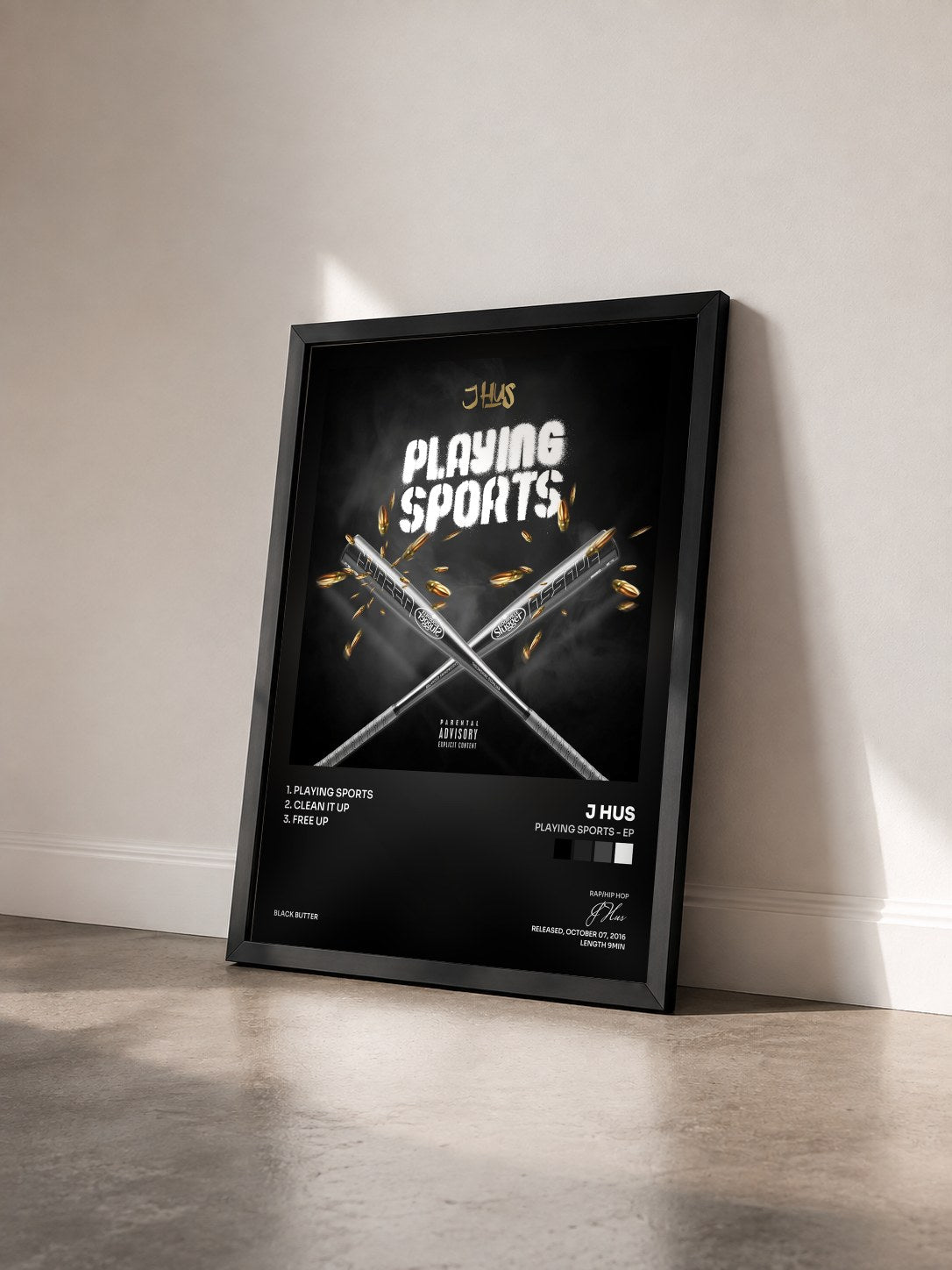 #noir Tableau de l'album Playing Sports - EP de J Hus vu de trois quarts, cadre noir