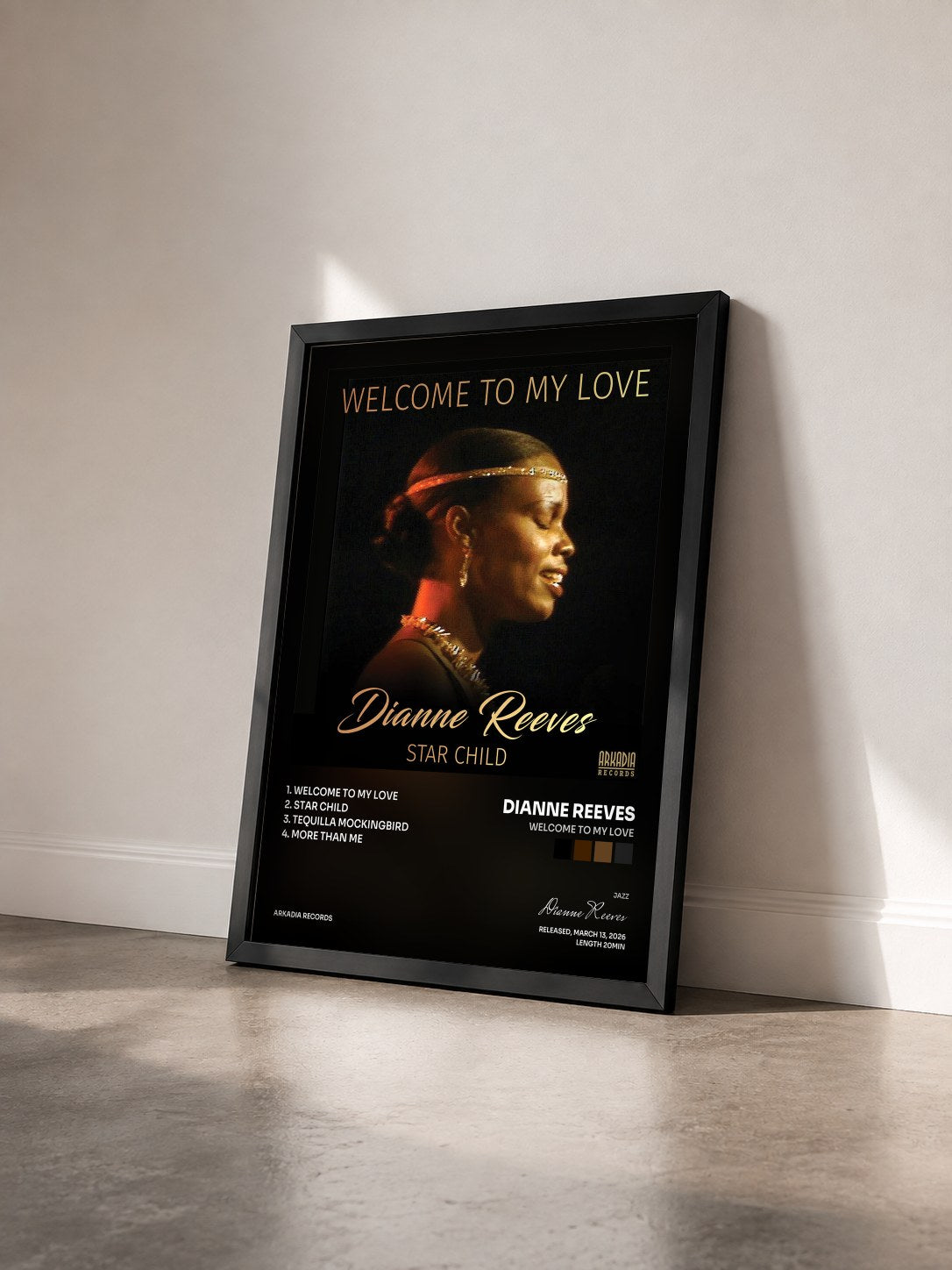 #noir Tableau de l'album Welcome To My Love de Dianne Reeves vu de trois quarts, cadre noir