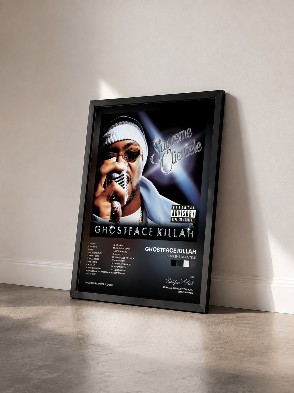 #noir Tableau de l'album Supreme Clientele de Ghostface Killah vu de trois quarts, cadre noir