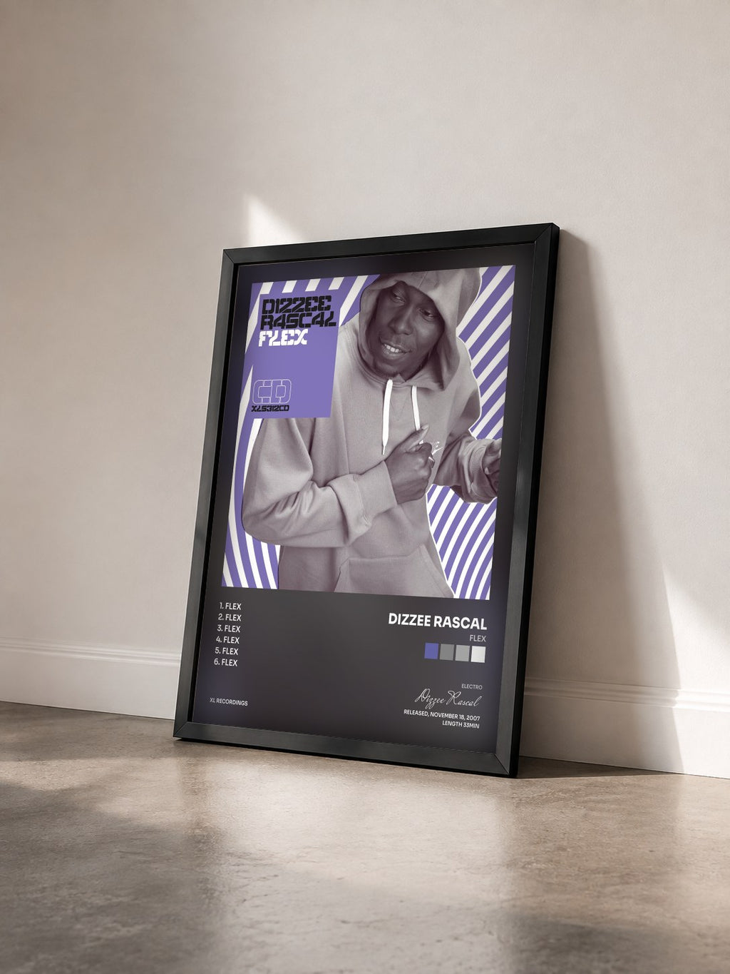 #noir Tableau de l'album Flex de Dizzee Rascal vu de trois quarts, cadre noir