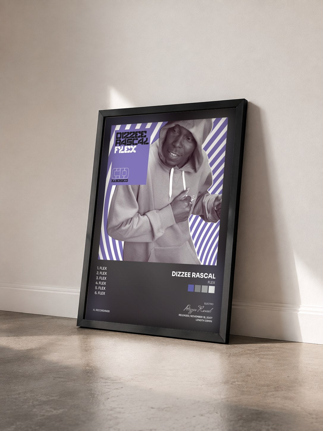 #noir Tableau de l'album Flex de Dizzee Rascal vu de trois quarts, cadre noir