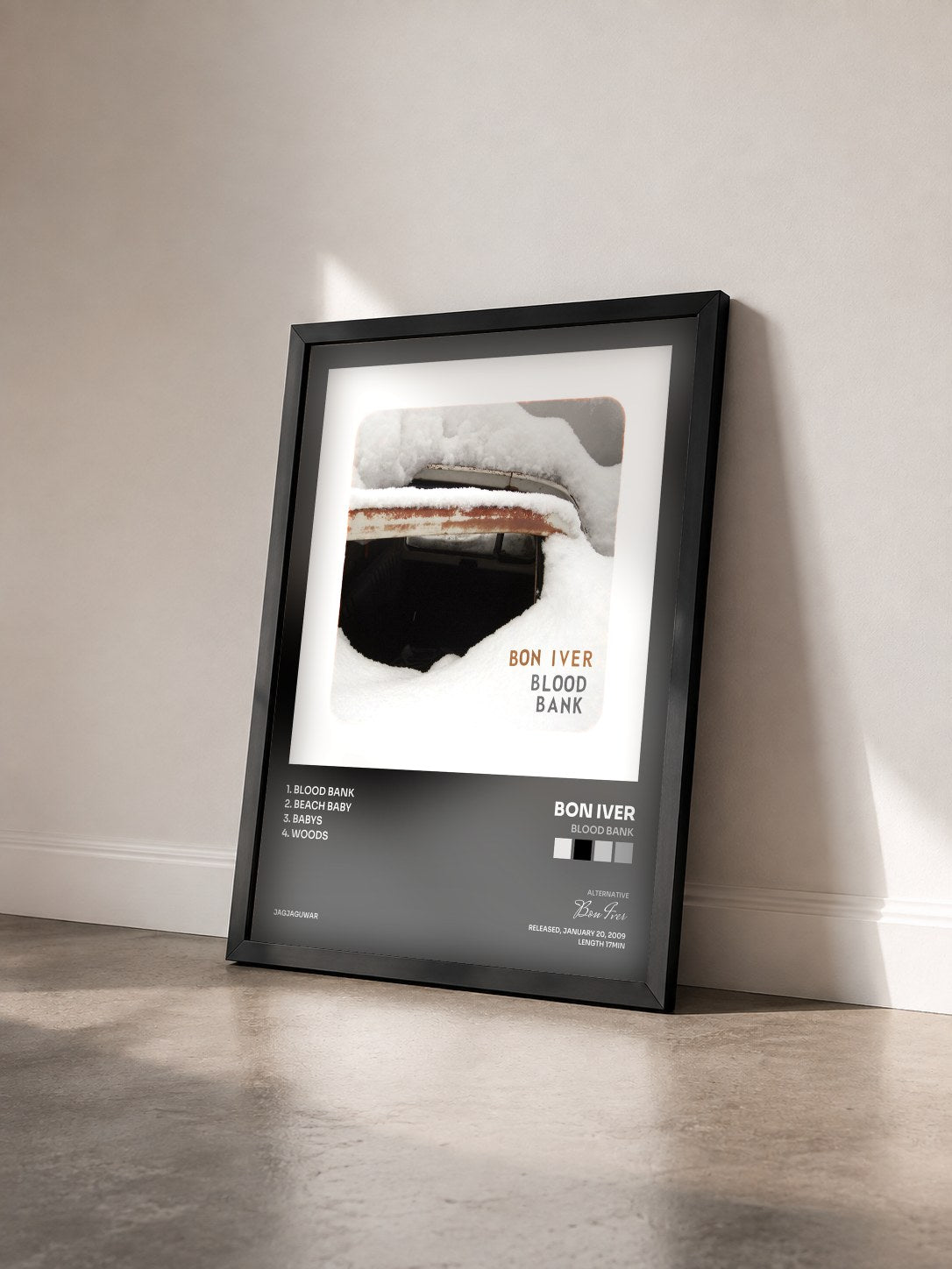 #noir Tableau de l'album Blood Bank de Bon Iver vu de trois quarts, cadre noir