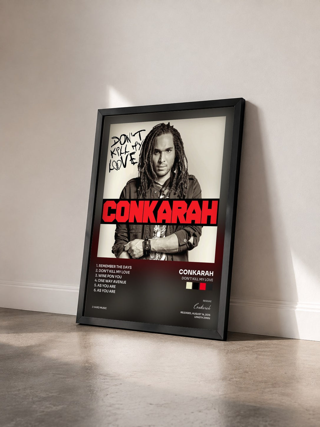 #noir Tableau de l'album Don't Kill My Love de Conkarah vu de trois quarts, cadre noir
