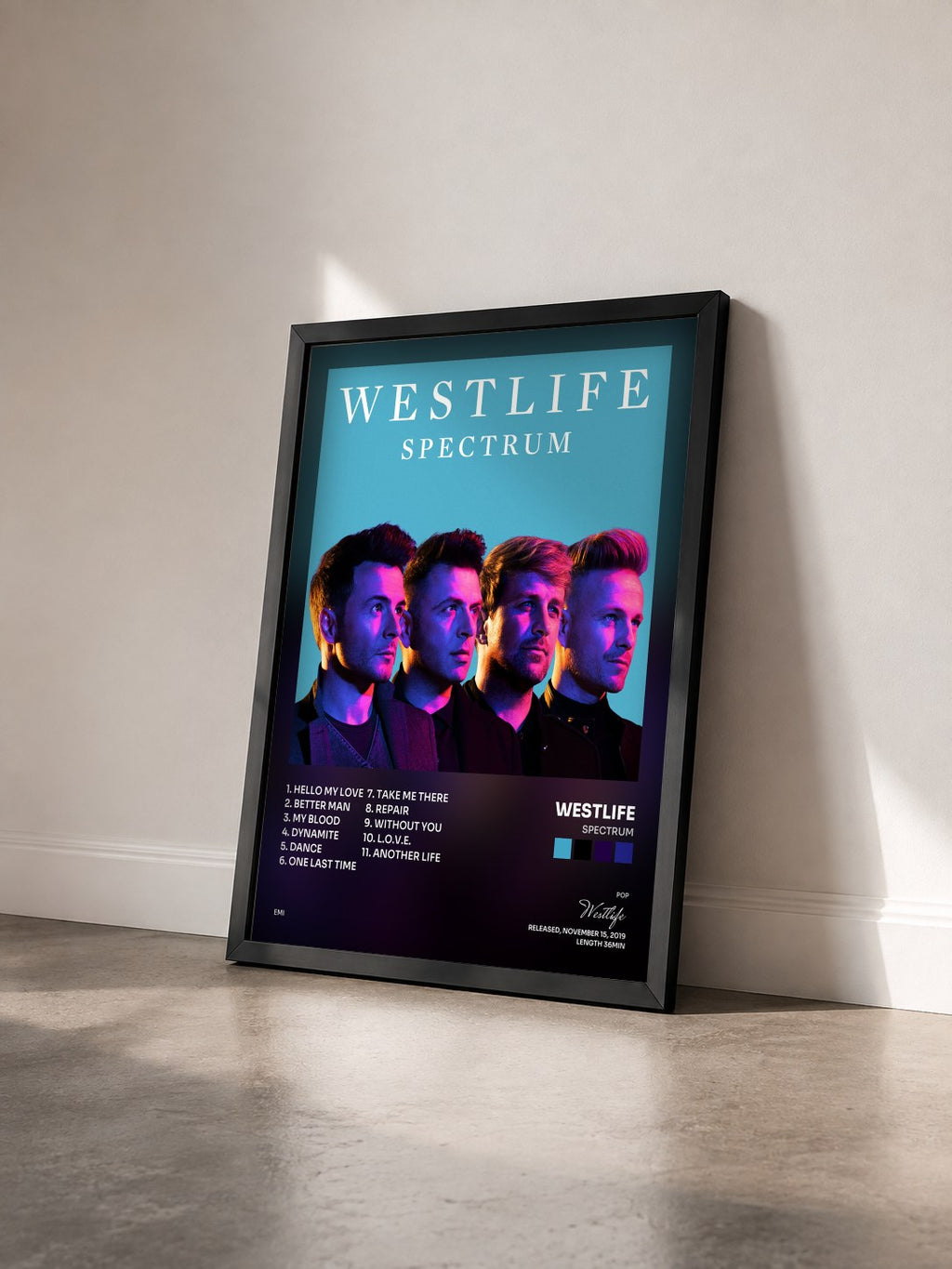 #noir Tableau de l'album Spectrum de Westlife vu de trois quarts, cadre noir