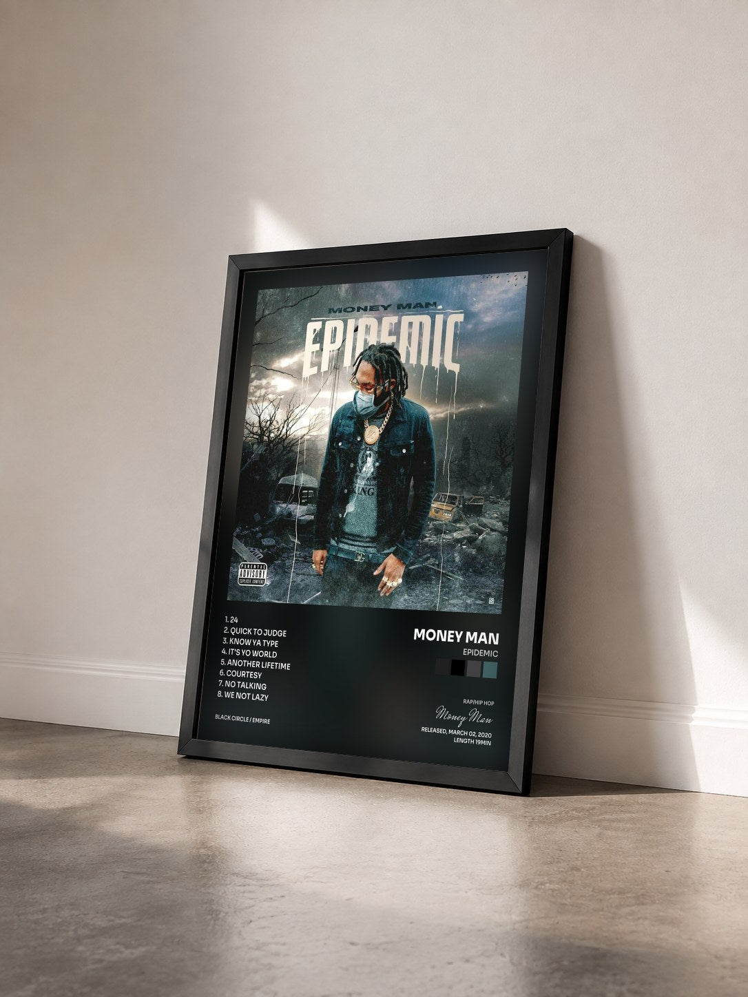 #noir Tableau de l'album Epidemic de Money Man vu de trois quarts, cadre noir