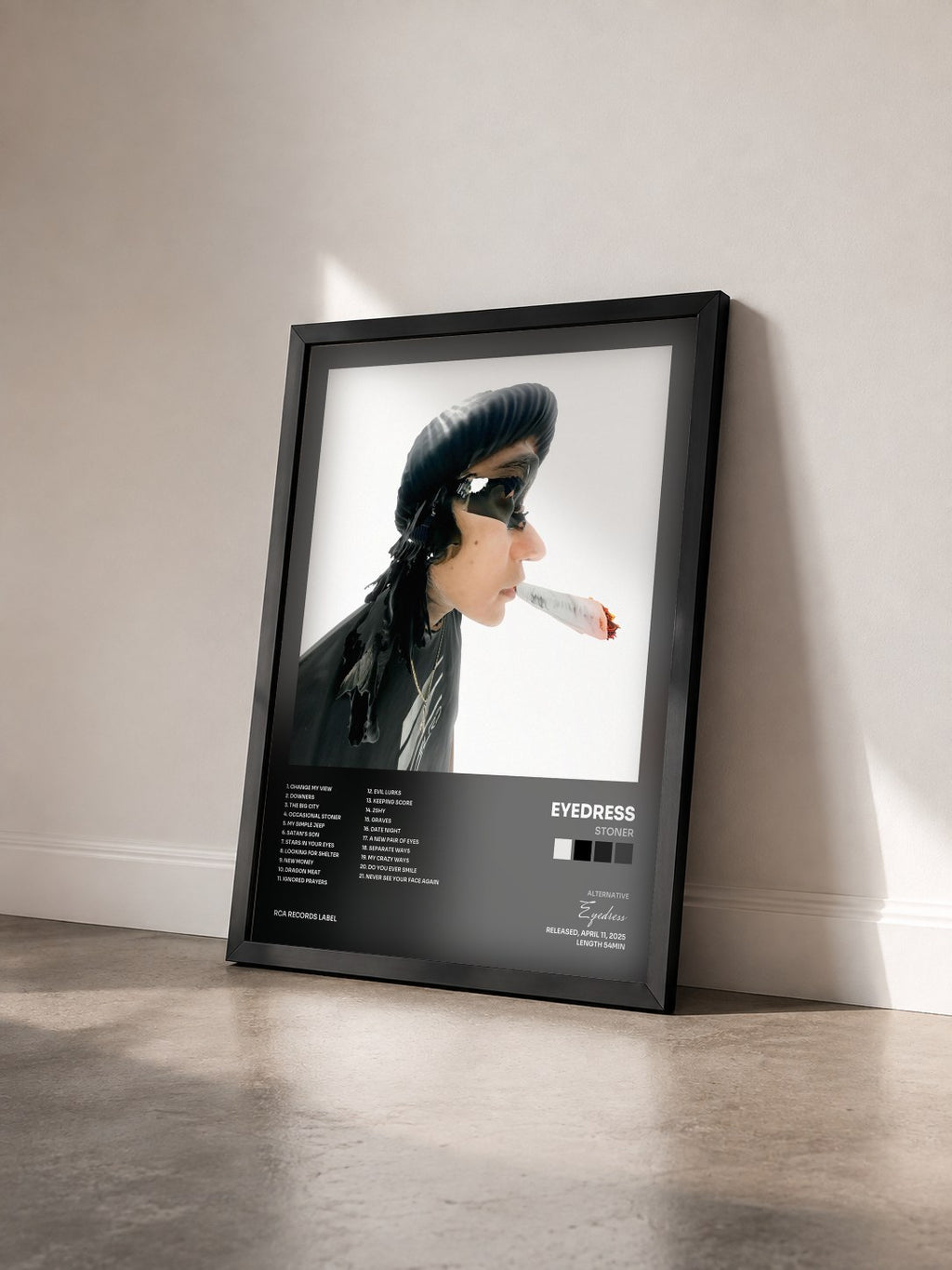 #noir Tableau de l'album Stoner de Eyedress vu de trois quarts, cadre noir