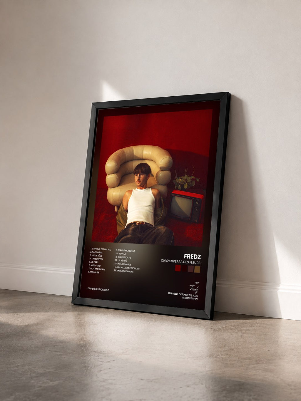 #noir Tableau de l'album On s'enverra des fleurs de Fredz vu de trois quarts, cadre noir