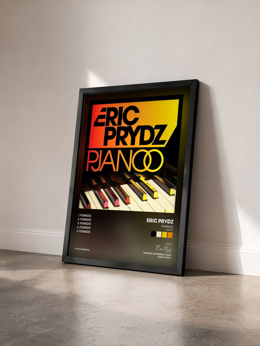 #noir Tableau de l'album Pjanoo (Remixes) de Eric Prydz vu de trois quarts, cadre noir