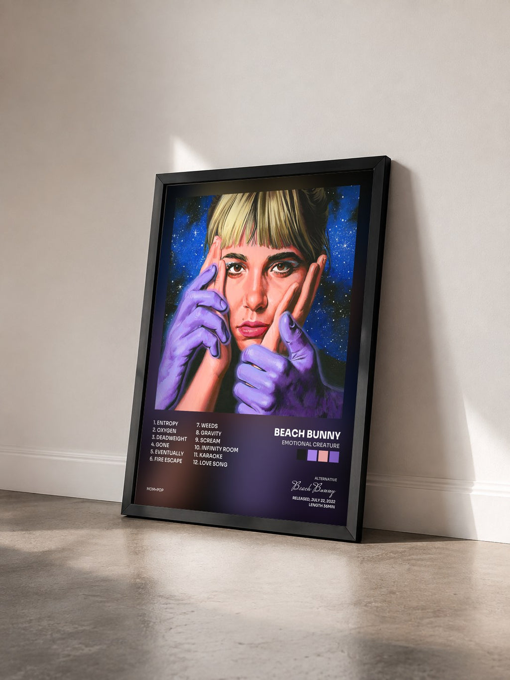 #noir Tableau de l'album Emotional Creature de Beach Bunny vu de trois quarts, cadre noir