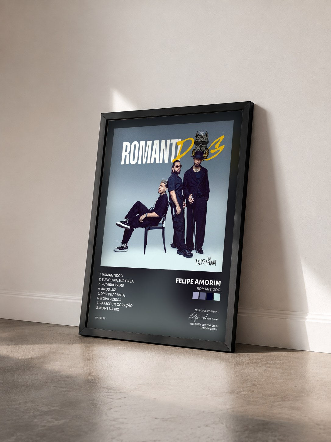 #noir Tableau de l'album RomantiDog de Felipe Amorim vu de trois quarts, cadre noir