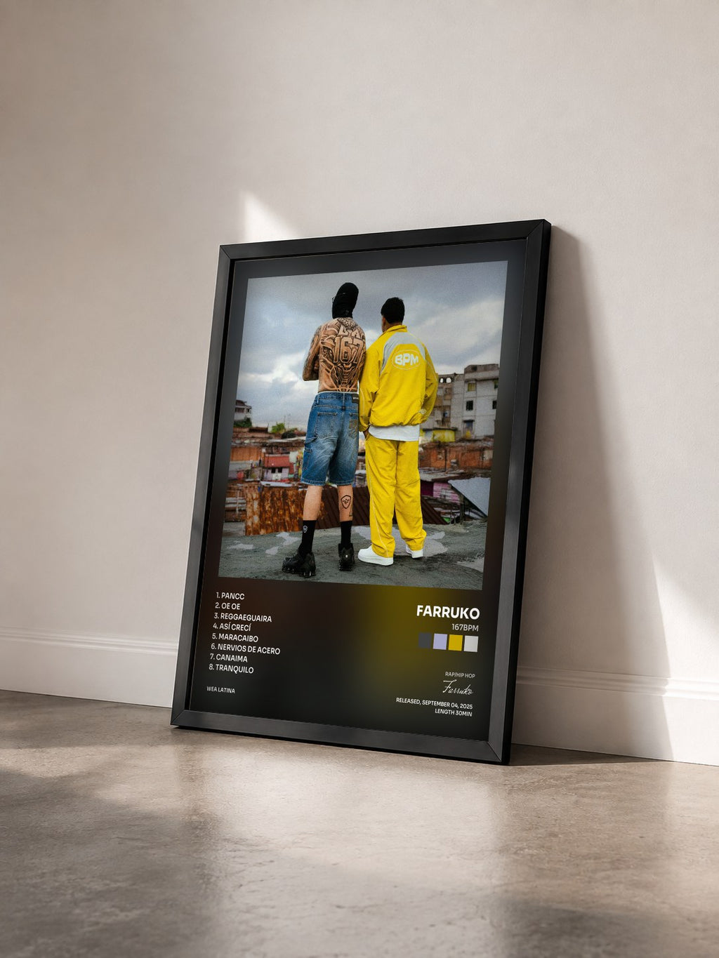 #noir Tableau de l'album 167BPM de Farruko vu de trois quarts, cadre noir