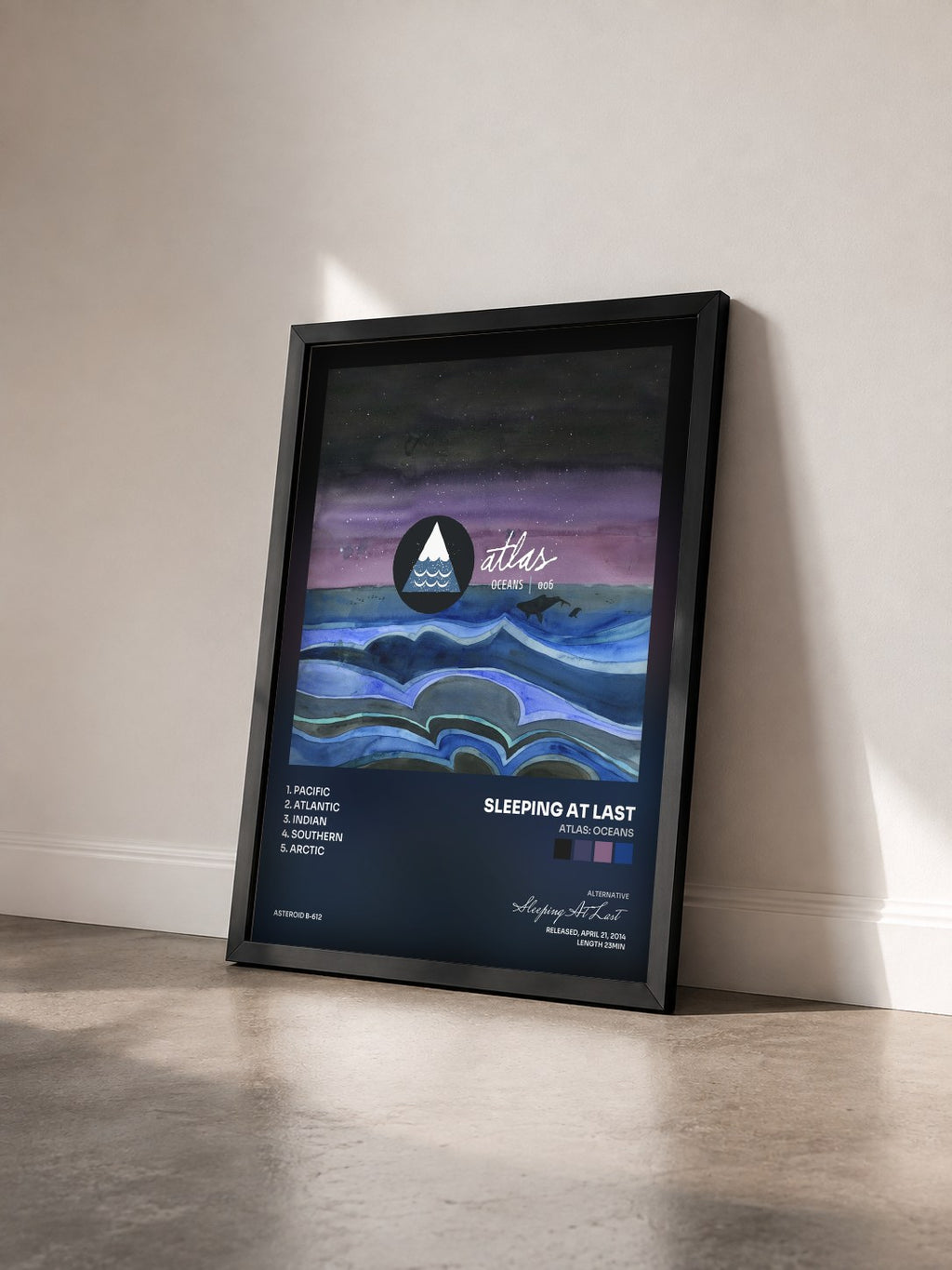#noir Tableau de l'album Atlas: Oceans de Sleeping At Last vu de trois quarts, cadre noir