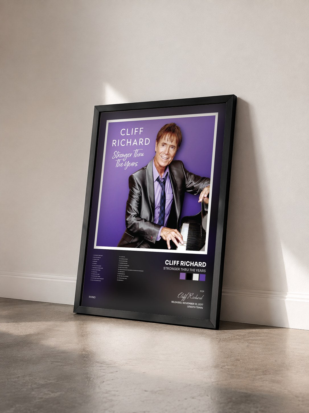 #noir Tableau de l'album Stronger Thru the Years de Cliff Richard vu de trois quarts, cadre noir