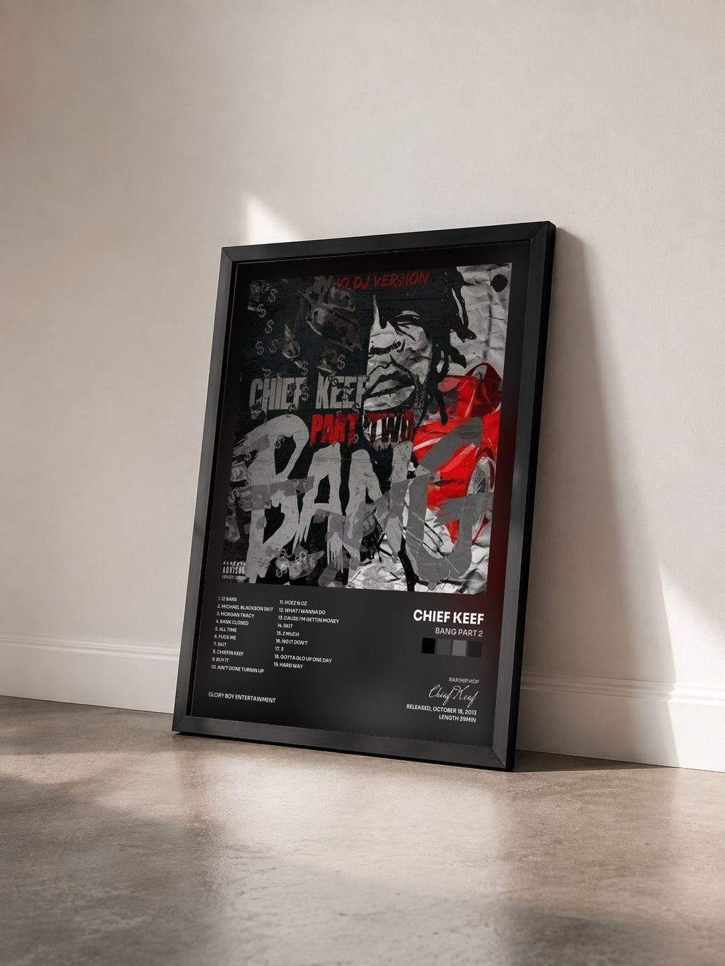 #noir Tableau de l'album Bang Part 2 de Chief Keef vu de trois quarts, cadre noir