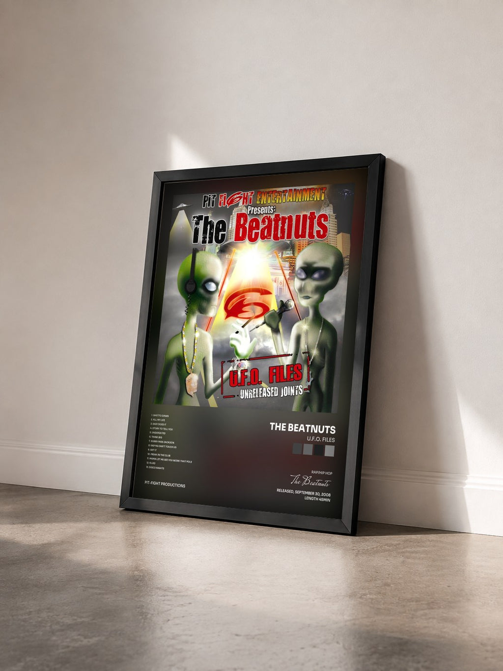 #noir Tableau de l'album U.F.O. Files de The Beatnuts vu de trois quarts, cadre noir