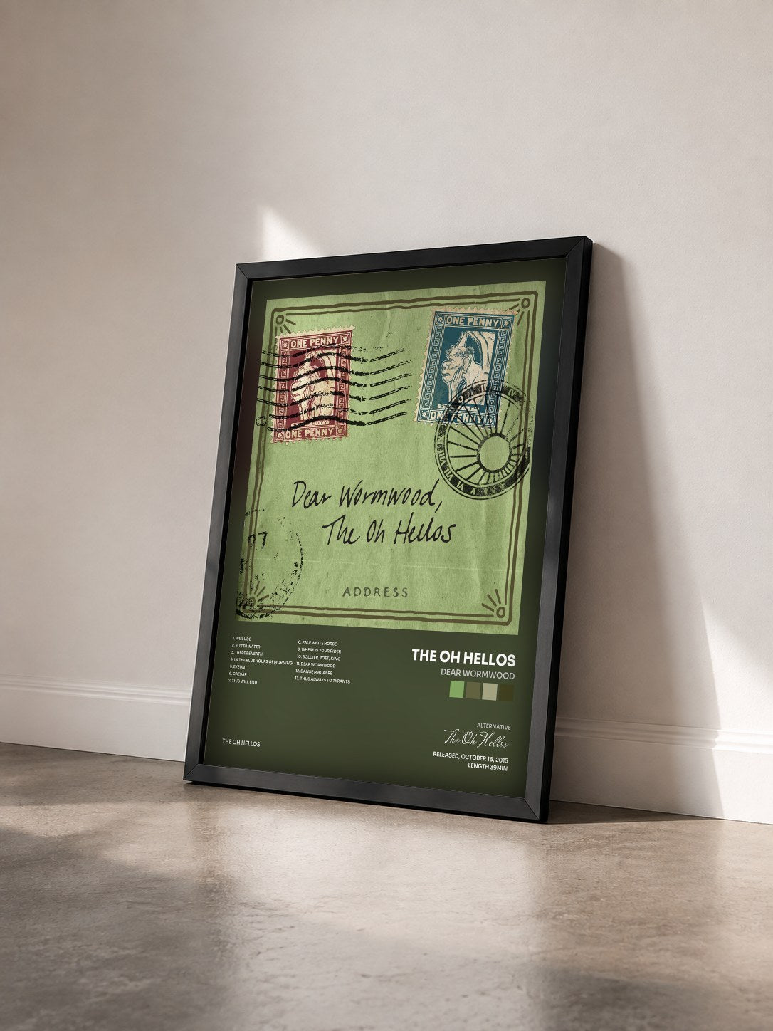 #noir Tableau de l'album Dear Wormwood de The Oh Hellos vu de trois quarts, cadre noir
