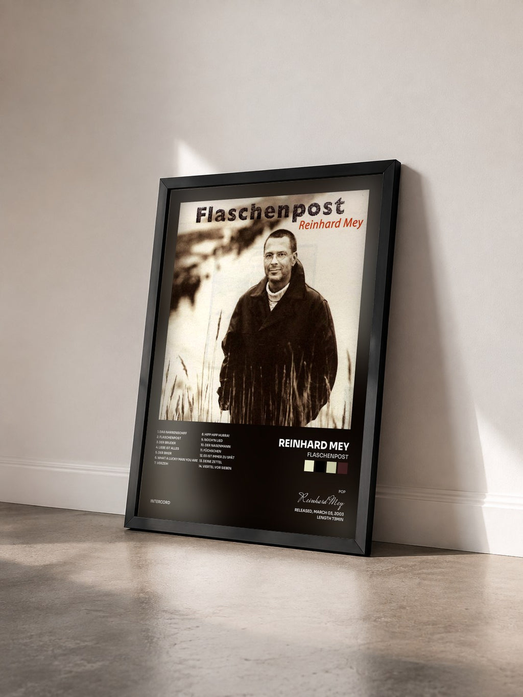 #noir Tableau de l'album Flaschenpost de Reinhard Mey vu de trois quarts, cadre noir
