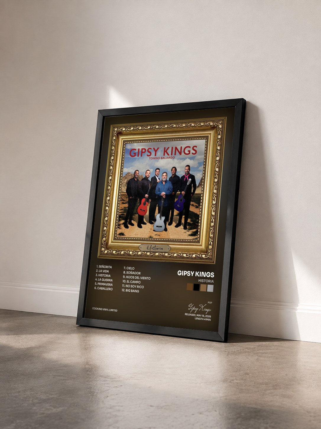 #noir Tableau de l'album Historia de Gipsy Kings vu de trois quarts, cadre noir