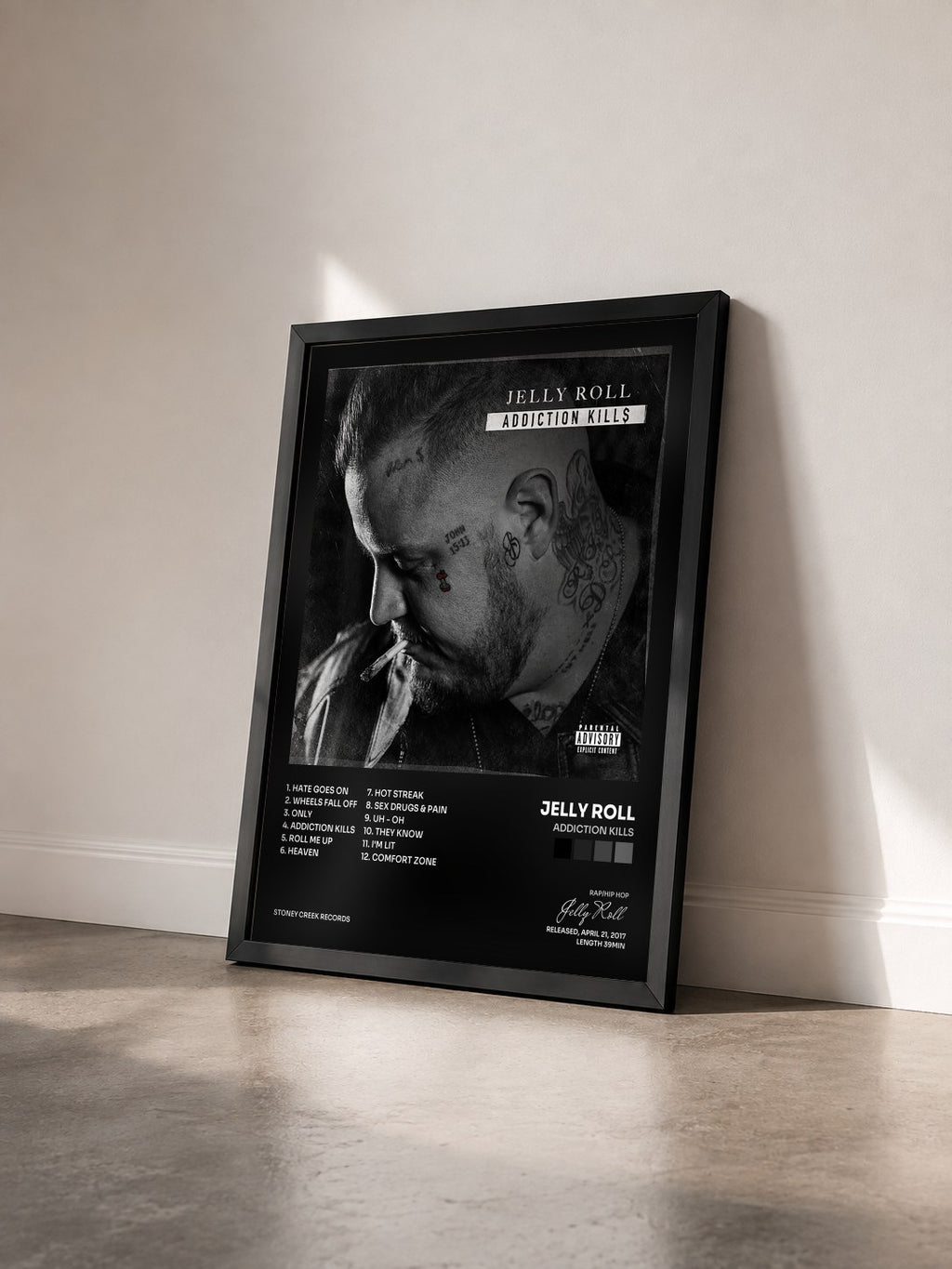 #noir Tableau de l'album Addiction Kills de Jelly Roll vu de trois quarts, cadre noir