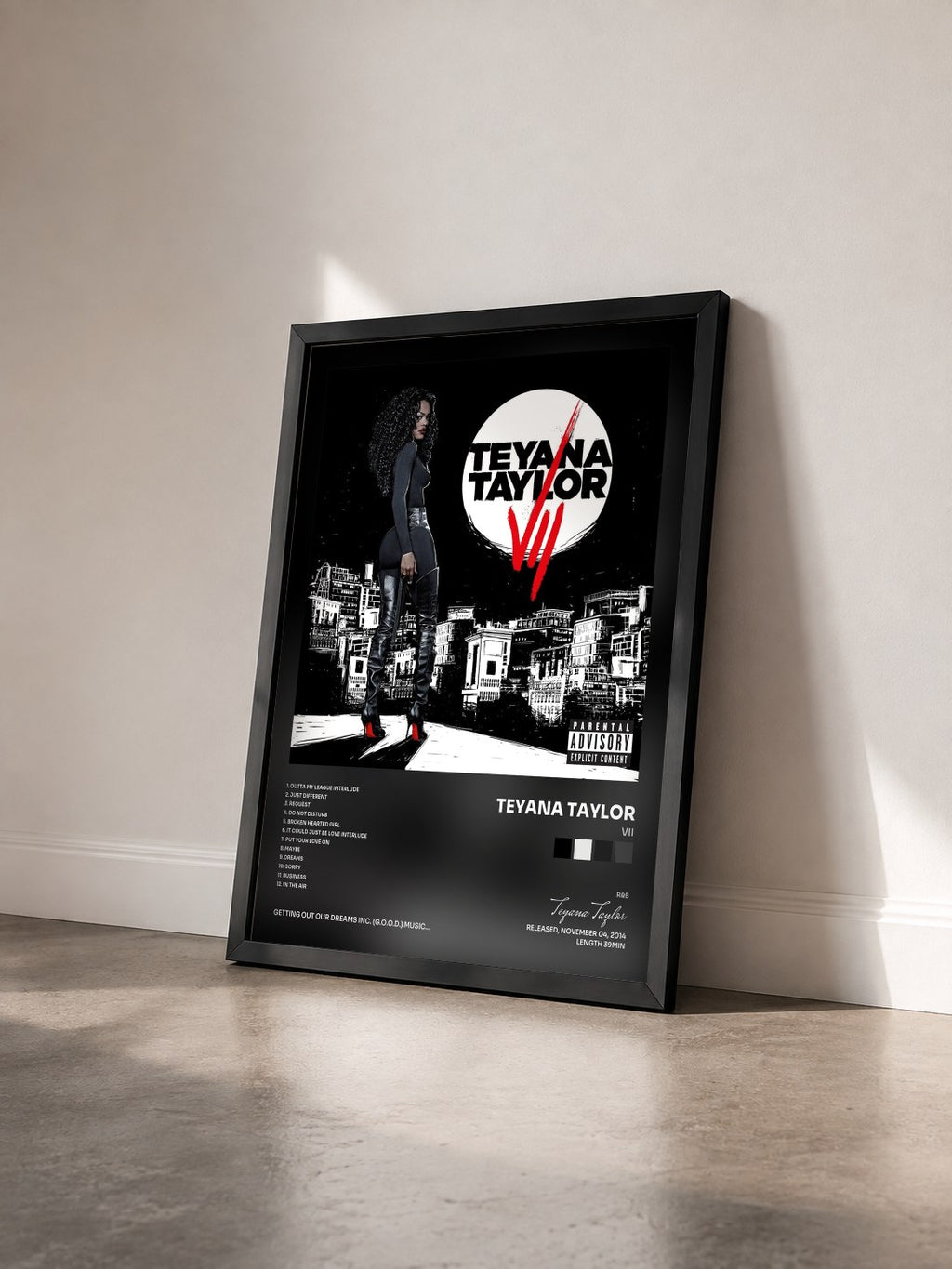 #noir Tableau de l'album VII de Teyana Taylor vu de trois quarts, cadre noir
