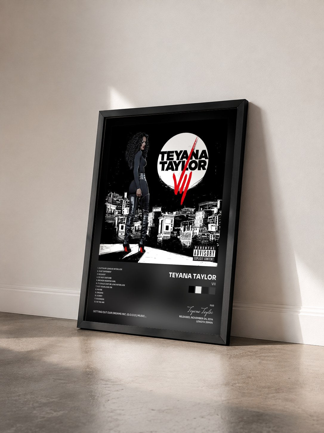 #noir Tableau de l'album VII de Teyana Taylor vu de trois quarts, cadre noir