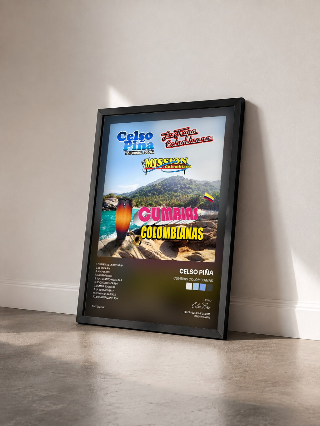 #noir Tableau de l'album Cumbias Colombianas de Celso Piña vu de trois quarts, cadre noir