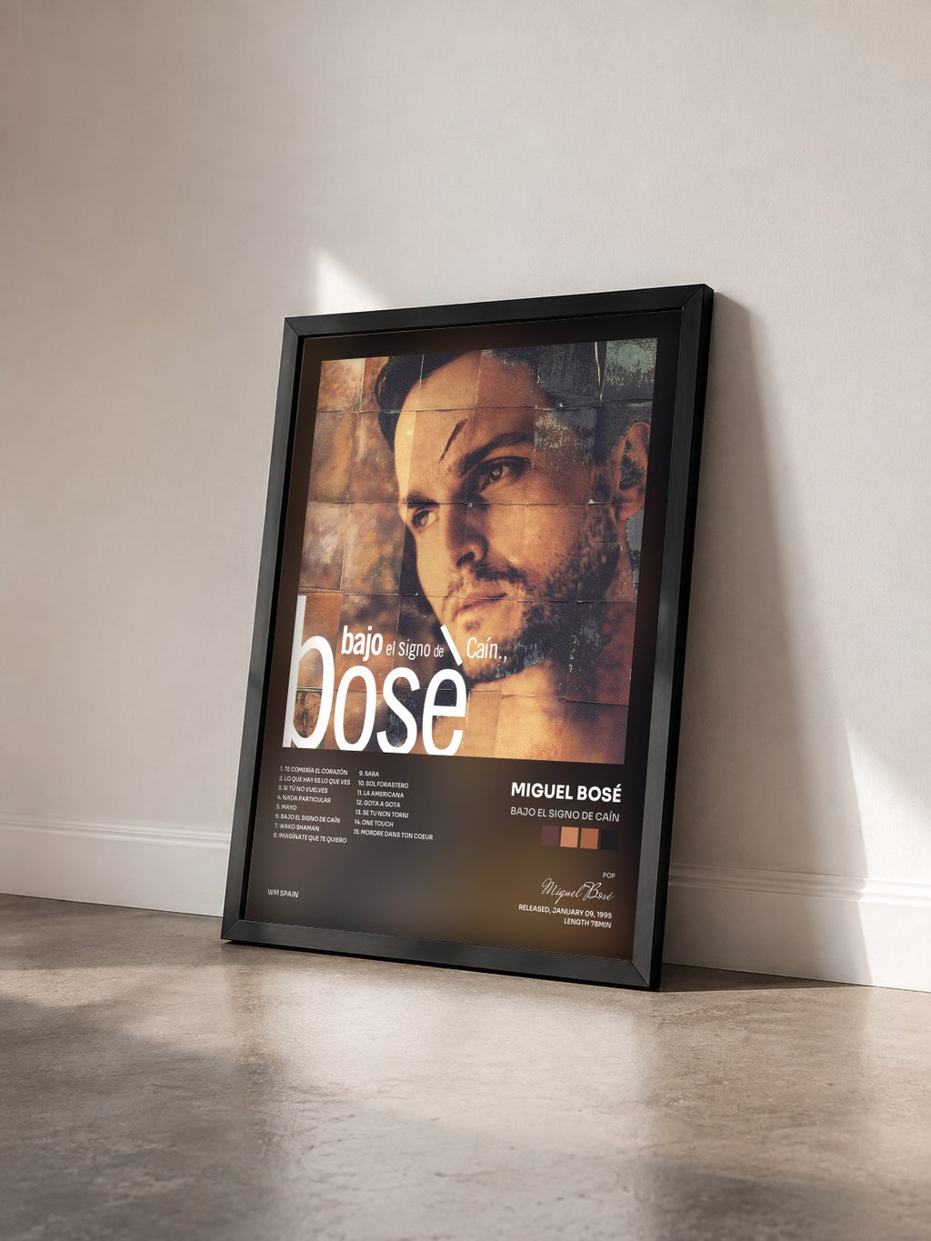 #noir Tableau de l'album Bajo El Signo De Caín de Miguel Bosé vu de trois quarts, cadre noir