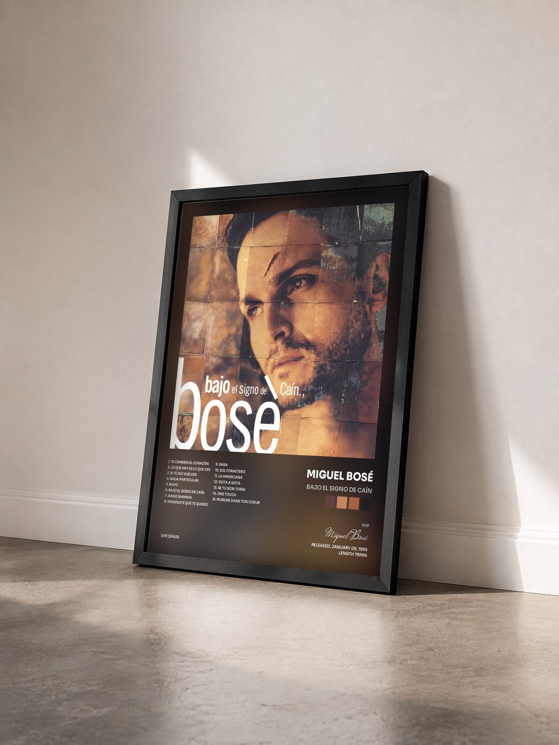 #noir Tableau de l'album Bajo El Signo De Caín de Miguel Bosé vu de trois quarts, cadre noir