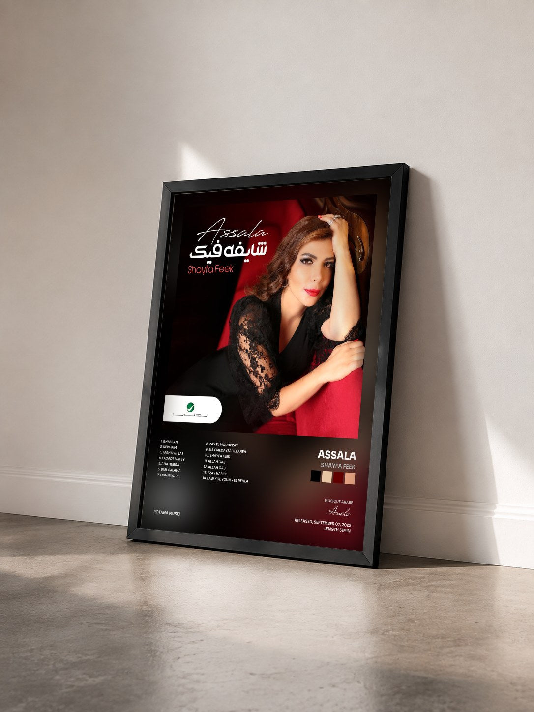 #noir Tableau de l'album Shayfa Feek de Assala vu de trois quarts, cadre noir