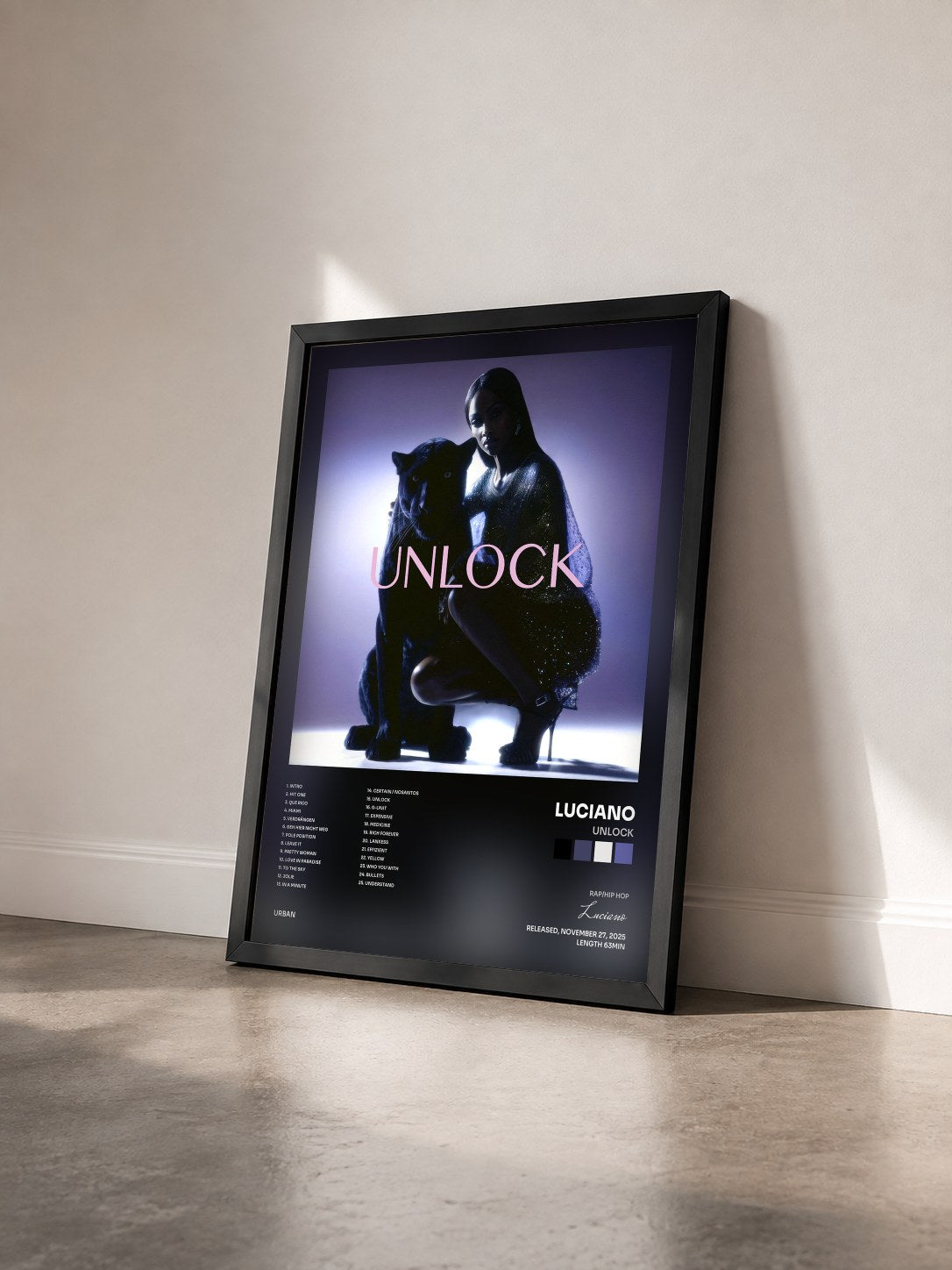 #noir Tableau de l'album Unlock de Luciano vu de trois quarts, cadre noir