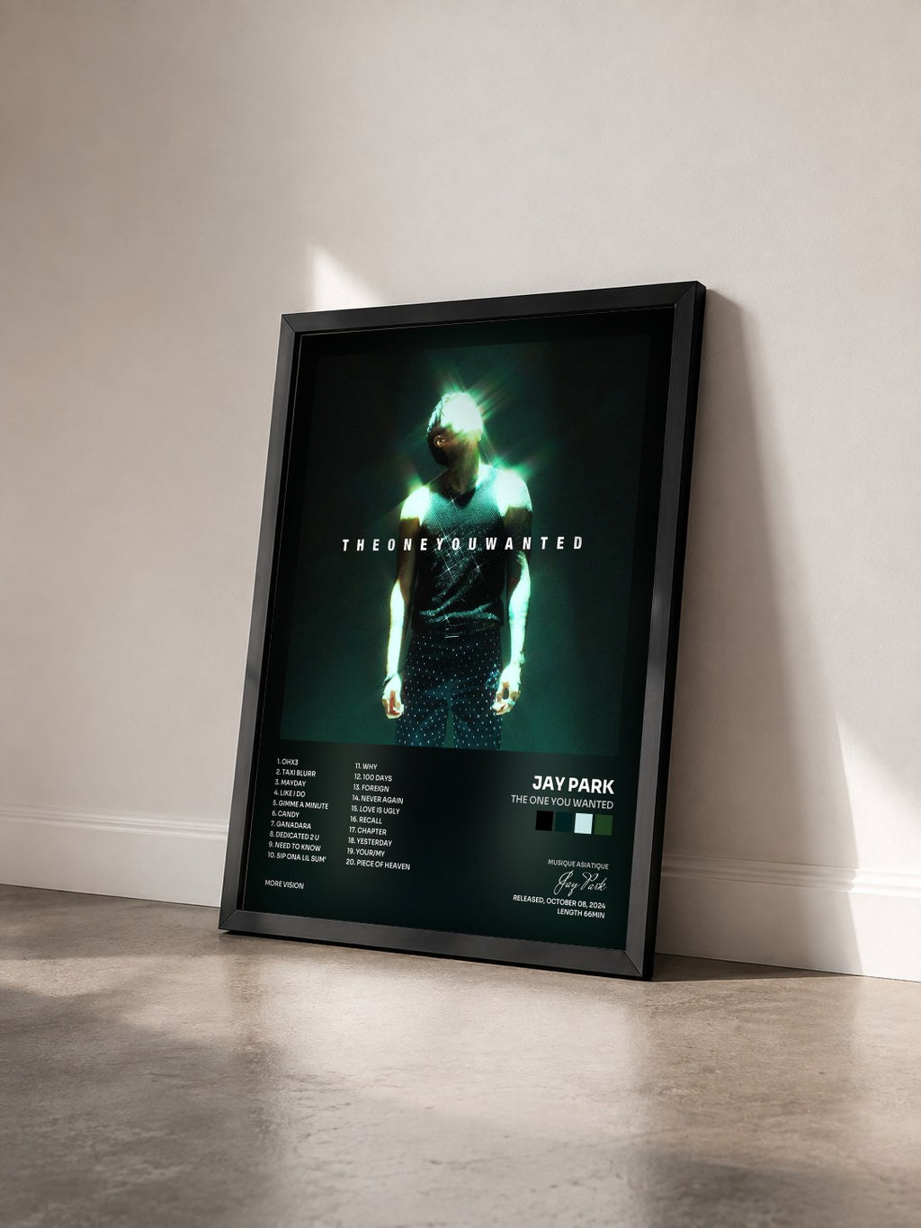 #noir Tableau de l'album THE ONE YOU WANTED de Jay Park vu de trois quarts, cadre noir