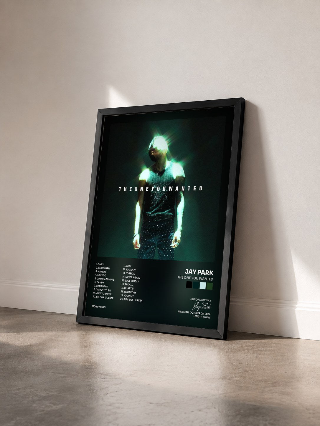#noir Tableau de l'album THE ONE YOU WANTED de Jay Park vu de trois quarts, cadre noir